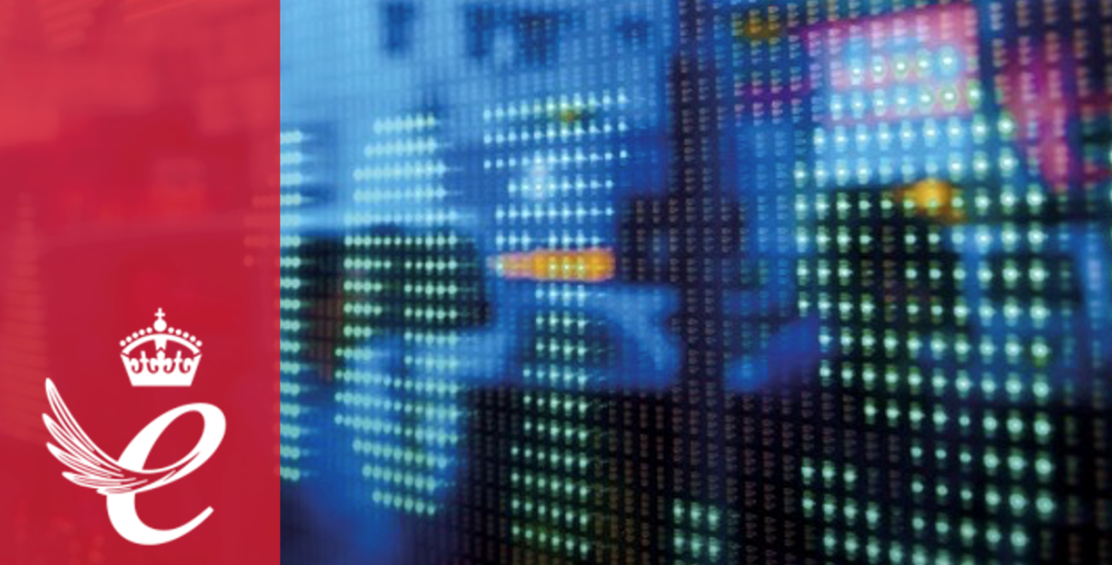 Red and blue split graphic showing the King’s Awards for Enterprise emblem with a crown and stylised winged “e” on the left, and an abstract blue-toned image of digital lights and data patterns on the right, suggesting business innovation and technology.