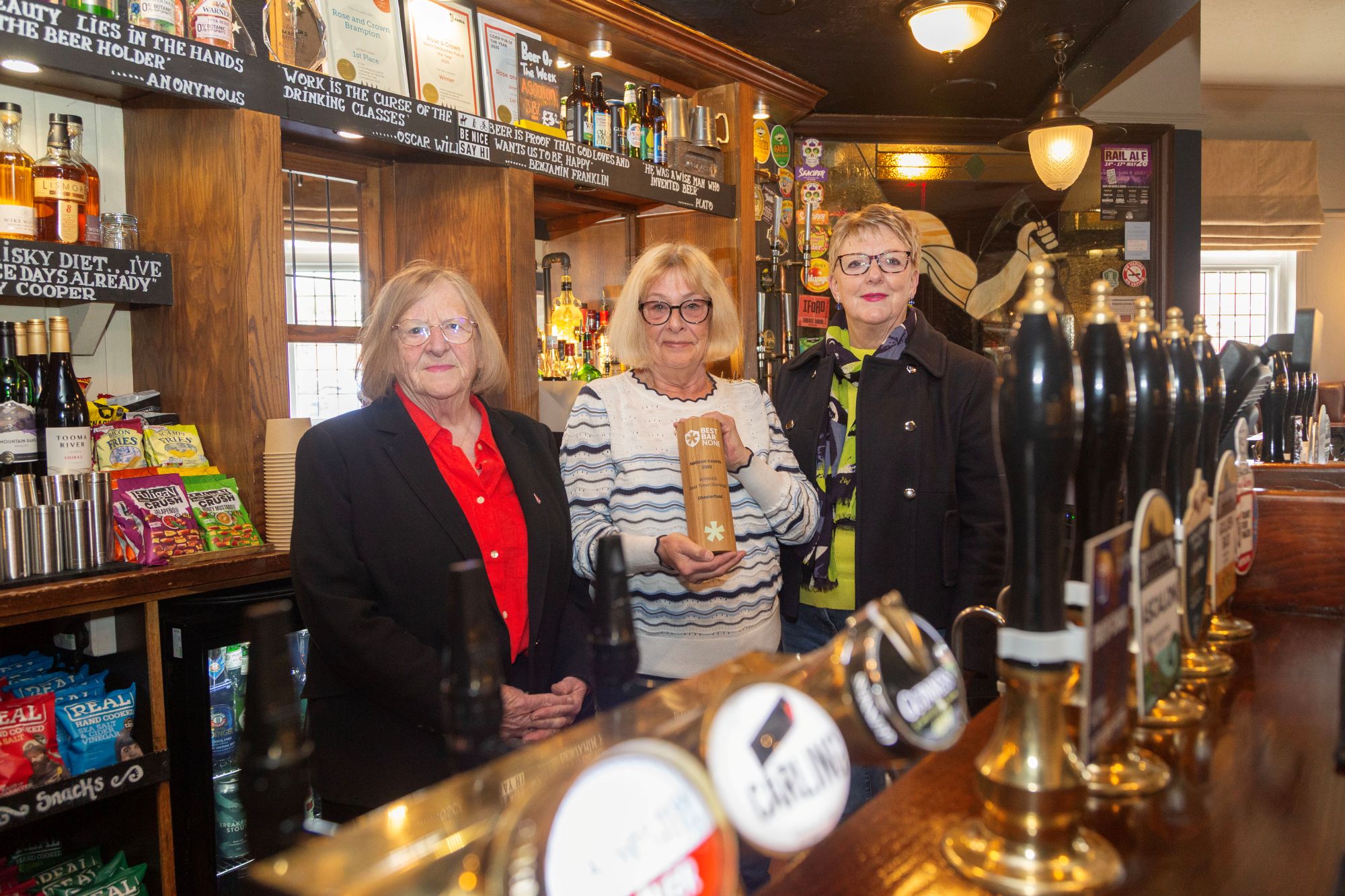 (left to right) Councillor Jean Innes, Chesterfield Borough Council’s cabinet member for housing; Jane Randall, chair of Chesterfield Pubwatch, and Councillor Kate Sarvent, Chesterfield Borough Council’s cabinet member for town centres and visitor economy with the Best Bar None award