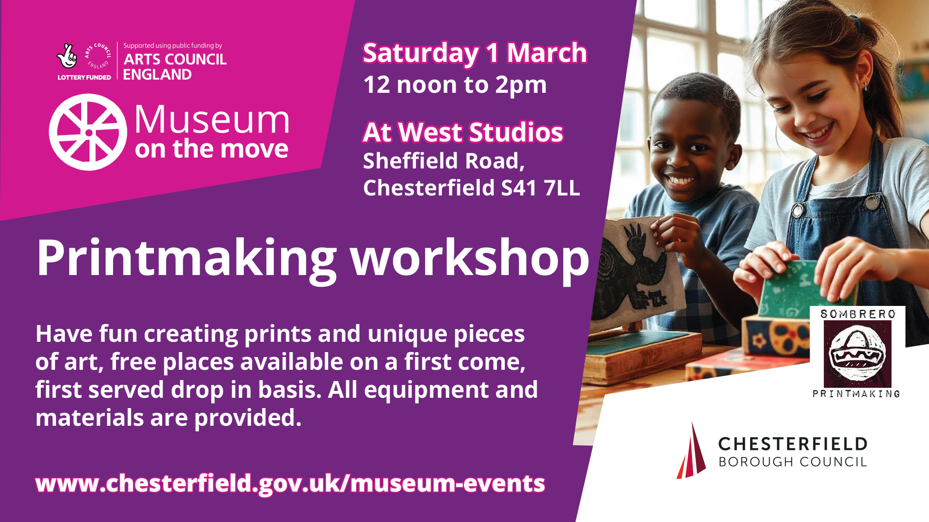 Flyer with details of the Printmaking Workshop and a picture of children printing