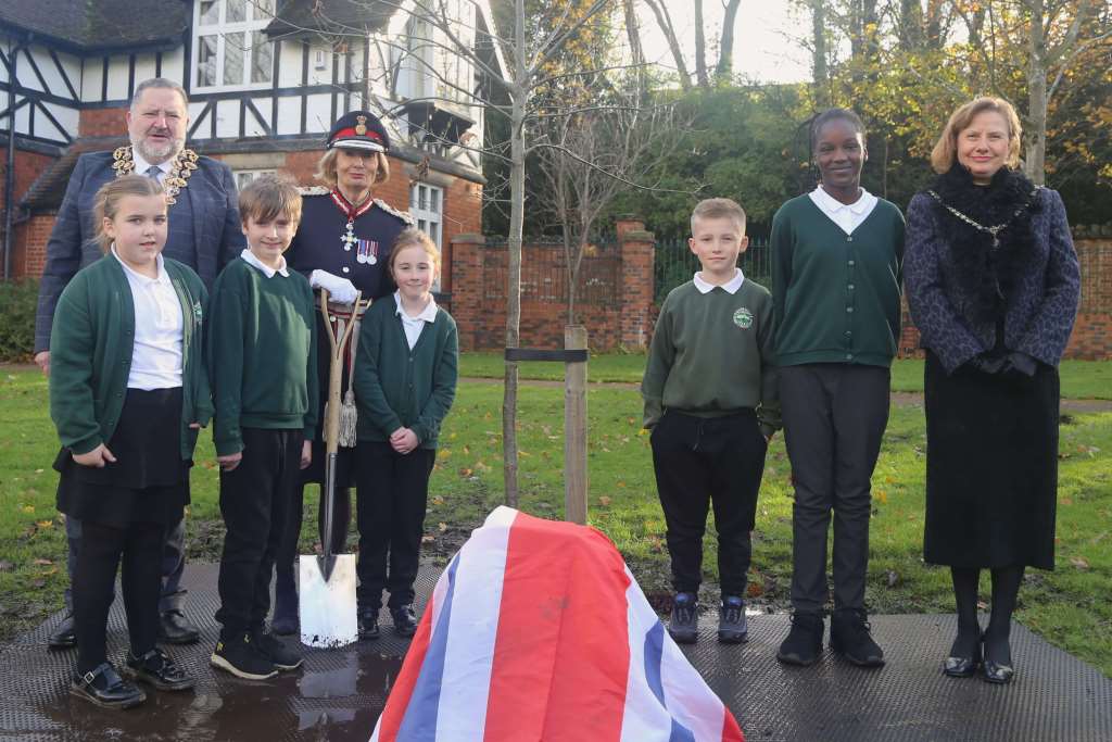 Councillor Mick Brady (Chesterfield Mayor), HM Lord-Lieutenant Elizabeth Fothergill CBE and Councillor Suzie Perkins (Chesterfield Mayoress) were joined by pupils from William Rhodes school  to plant the tree. 