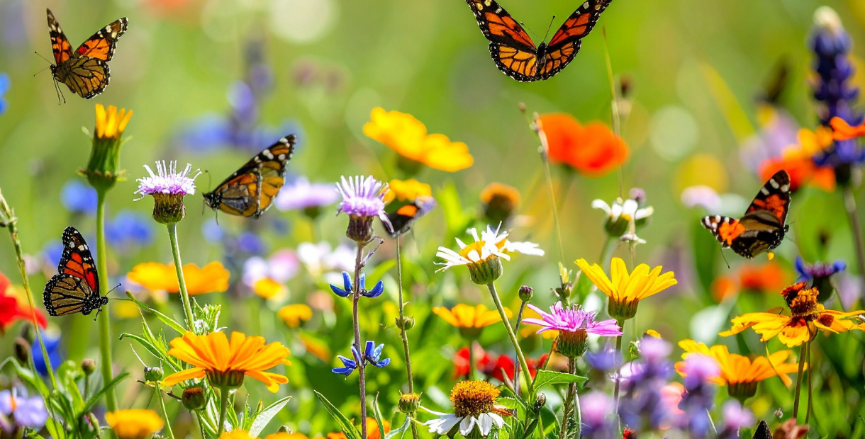 Colourful meadow flowers, insects and butterflies
