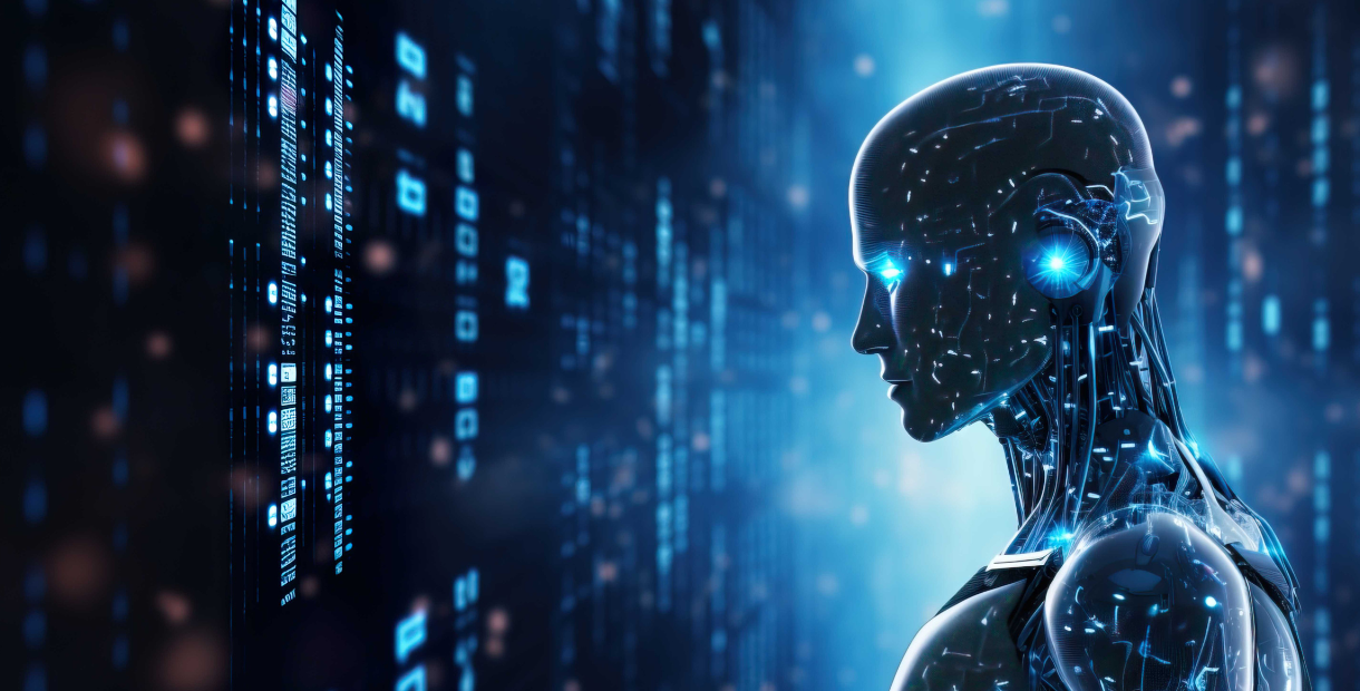 Digital illustration of a humanoid robot facing a wall of glowing data and code