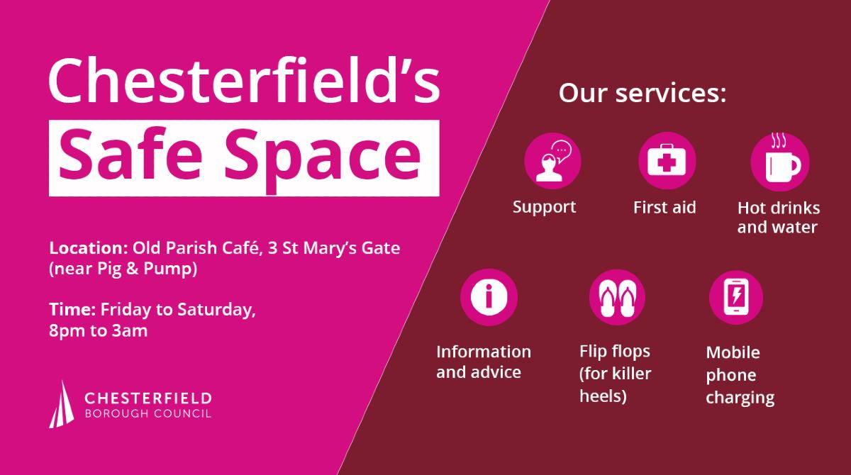 Chesterfield's Safe Space. Location Old Parish Café, 3 St Mary’s Gate, Chesterfield (near the Pig and Pump), the Safe Space is open every Friday and Saturday night from 8pm to 3am. Includes icons of the services available, including support, first aid, hot drinks, information on services, flip flops and mobile phone charging 