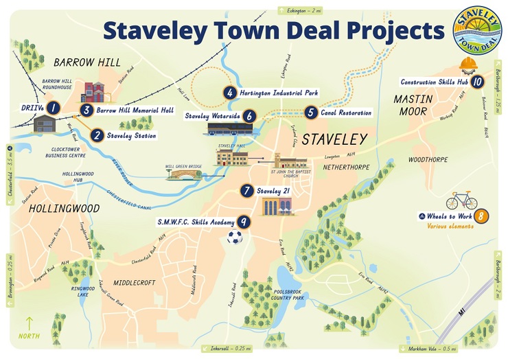 Map showing the location of Staveley Town Deal projects