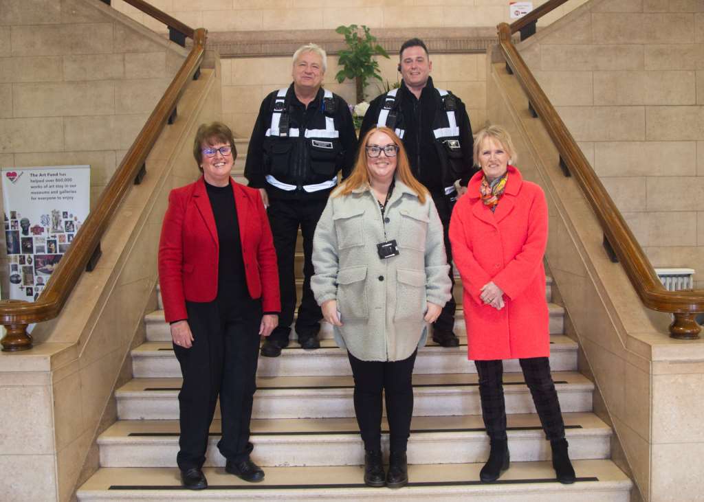 Back (left to right): Malcolm Jarvis (enforcement officer) and Stefan Darmola (enforcement officer). Front (left to right): Councillor Tricia Gilby (Leader of the council), Carly Robins (housing officer – enforcement) and Councillor Jill Mannion-Brunt (cabinet member for health and wellbeing)