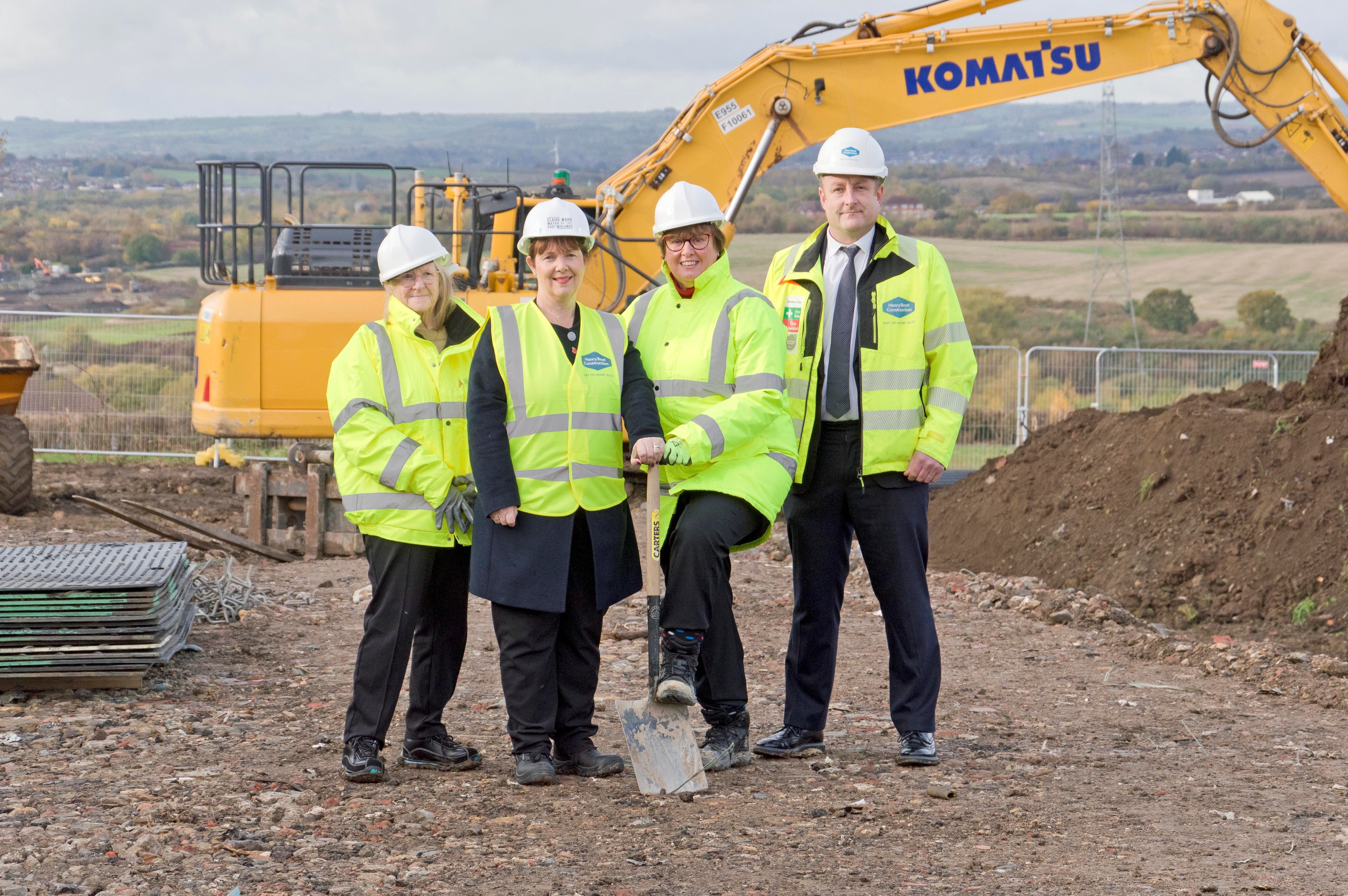 (left to right): Councillor Jean Innes, Chesterfield Borough Council’s cabinet member for housing; Mayor of the East Midlands, Claire Ward; Councillor Tricia Gilby, Leader of Chesterfield Borough Council and Mat Clarke, Head of Construction at Henry Boot Construction