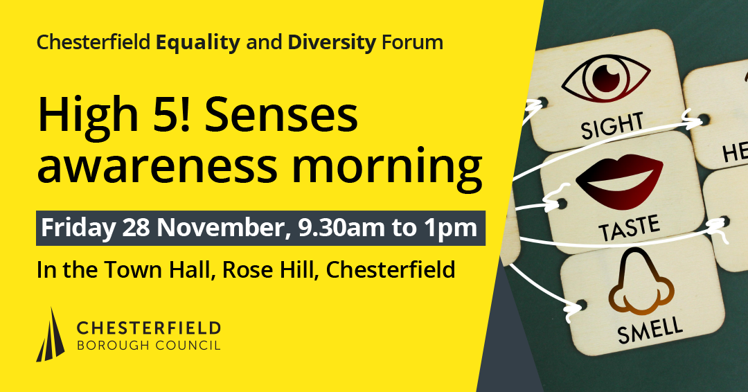 Information about the event and an image with illustrations of five senses, sight, taste, smell, hearing and touch.